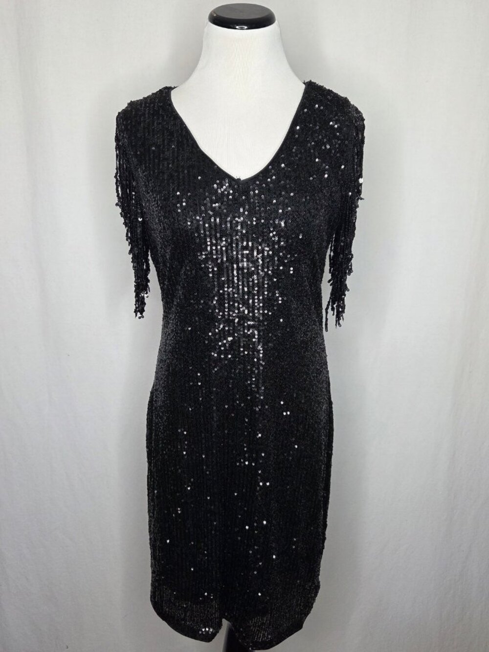 BiBi Sparkling Black Fringe Shoulder Dress Sequin Formal Boutique NEW Size XL